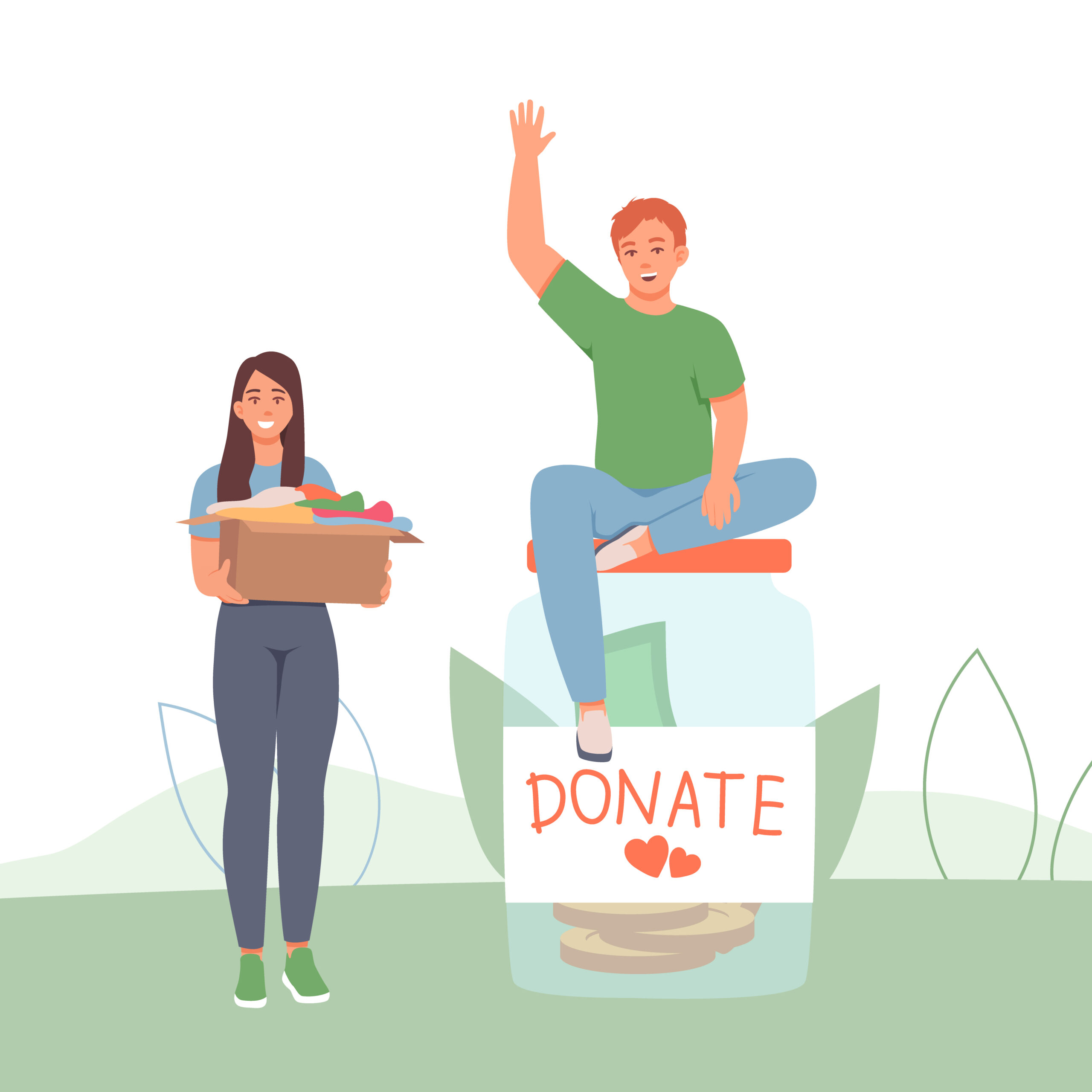 Male sitting on jar for donate. Lady holding box with clothes. Help and care for people in need with clothes and money. Flat vector illustration in green colors in cartoon style